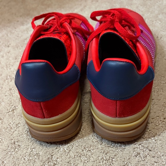 Red Suede Adidas Gazelle Sneakers with Pink Stripes and Navy Accents - Picture 5 of 6